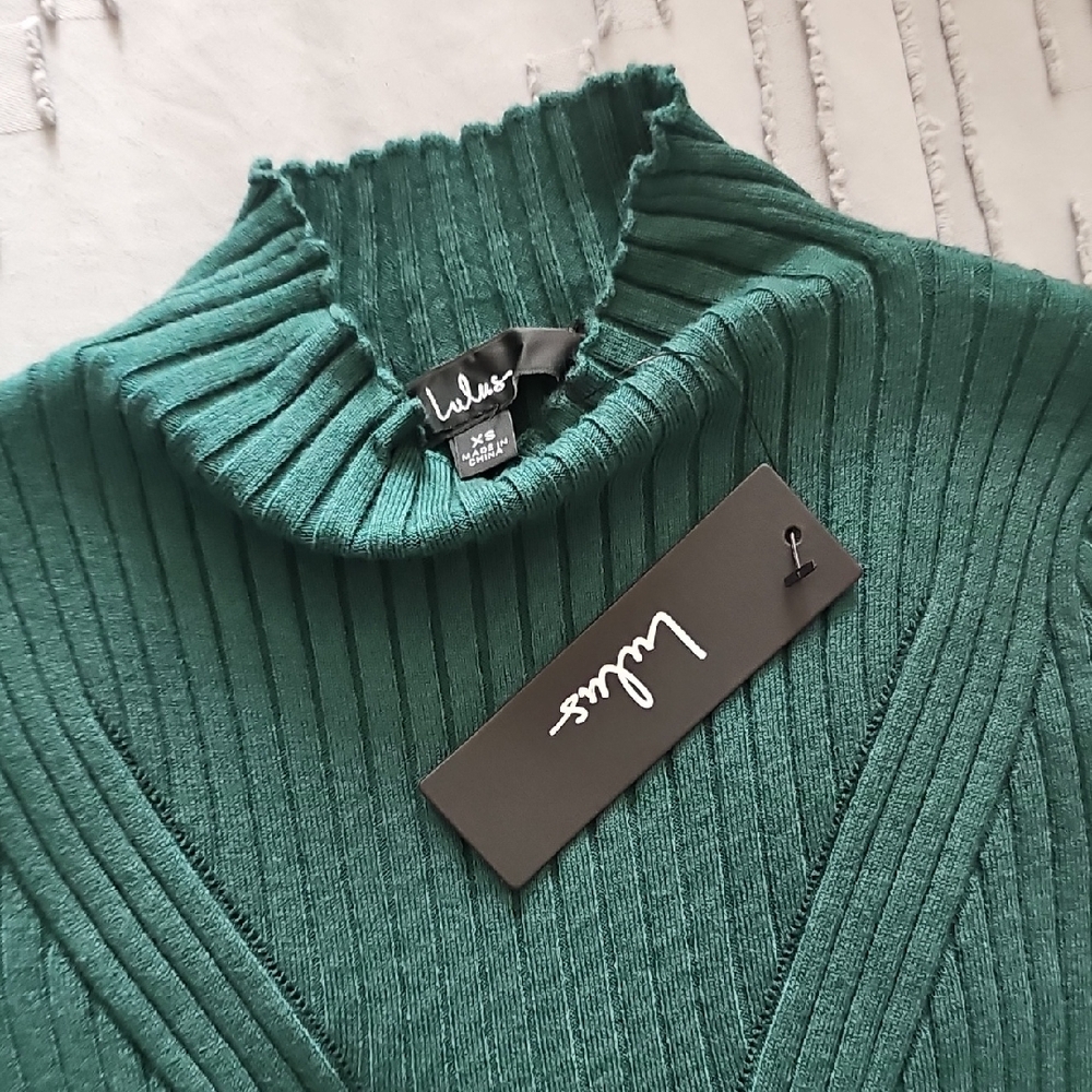 Lulus Dark Green Ribbed Mock Neck Sweater Dress